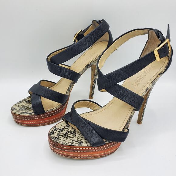 Colin Stuart Leather Cross Strap Faux Snakeskin Stacked Platform Heel Sandal - Picture 5 of 10